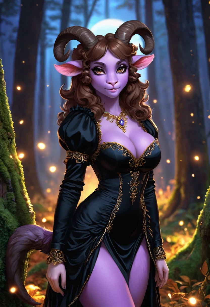 Satyr, female, purple skin, black fur, brown hair, black eyes, straight horns, vantablack dress. perky breasts, cleavage, Ultra HD, Rococo-Inspired Fantasy Art With Intricate Details. Cute, Charming Expression, Alluring-Gaze, looking at viewer Beautiful Eyes, An-Ideal-Figure. Large Youthful Well-Shaped-Breasts, Attractive ass showcased. Massive-Round-Bosom, Décolletage. slim waist, fit body, full lipsWarm lights , woman in a dreamy forest at night, (8K High Resolution) (top-quality)