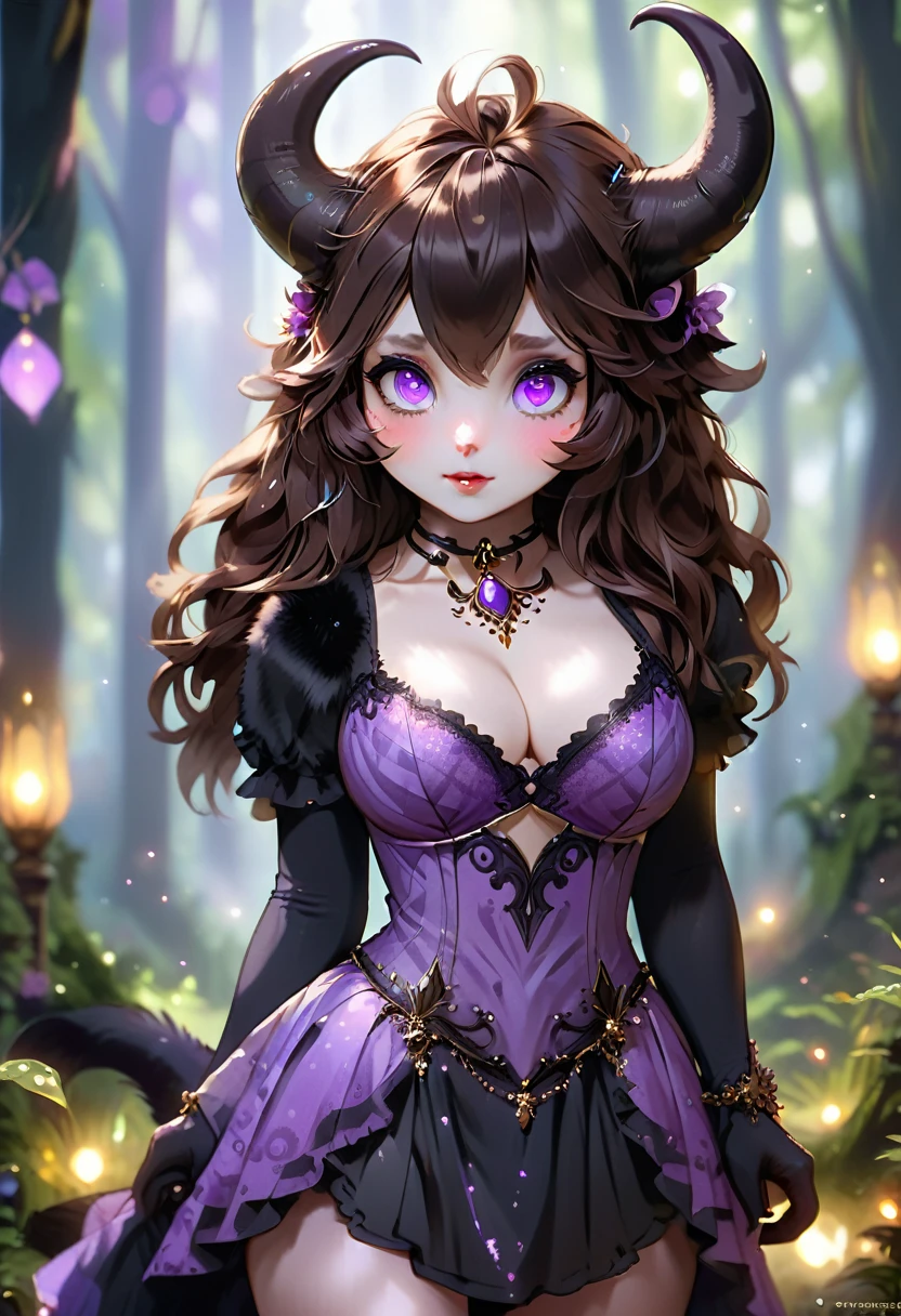 Satyr, female, purple skin, black fur, brown hair, black eyes, straight horns, vantablack dress. perky breasts, cleavage, Ultra HD, Rococo-Inspired Fantasy Art With Intricate Details. Cute, Charming Expression, Alluring-Gaze, looking at viewer Beautiful Eyes, An-Ideal-Figure. Large Youthful Well-Shaped-Breasts, Attractive ass showcased. Massive-Round-Bosom, Décolletage. slim waist, fit body, full lipsWarm lights , woman in a dreamy forest at night, (8K High Resolution) (top-quality)