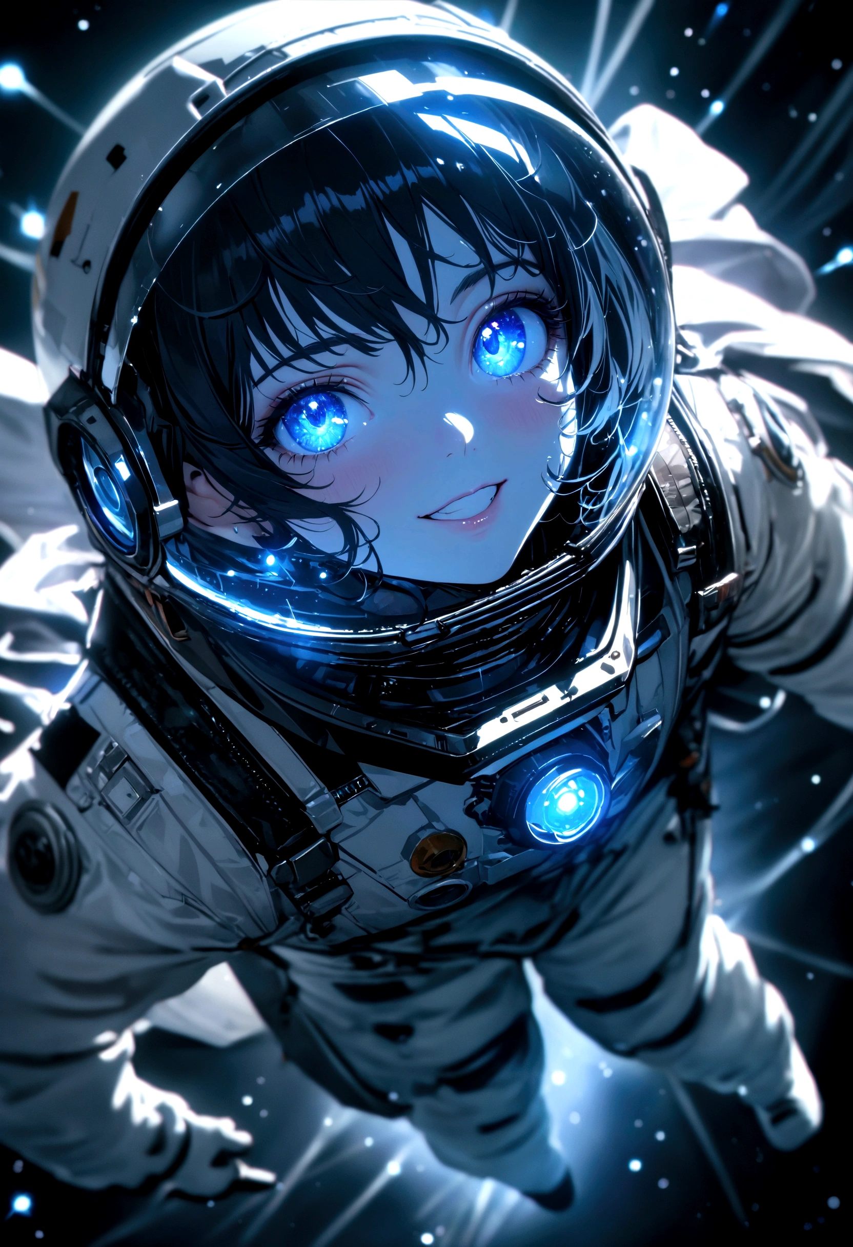 astronaut, intricate detail, Highly Detailed beautiful and aesthetic, amazing quality, (masterpiece), (high quality), wallpaper 8K CG, high resolution, extremely detailed, photorealistic, wide-angle, depthoffield, beautiful detailed fullbody, single human girl, extremely beautiful detailed face and eyes, grin, Beautiful detailed gemological eyes, beautiful detailed face in aerospace helmet, silver aerospace suit, cosmonaut, (The earth looks small), Floating in space, countless stars, innumerable stars, grand space, delicate background, luminous particles, complex details,