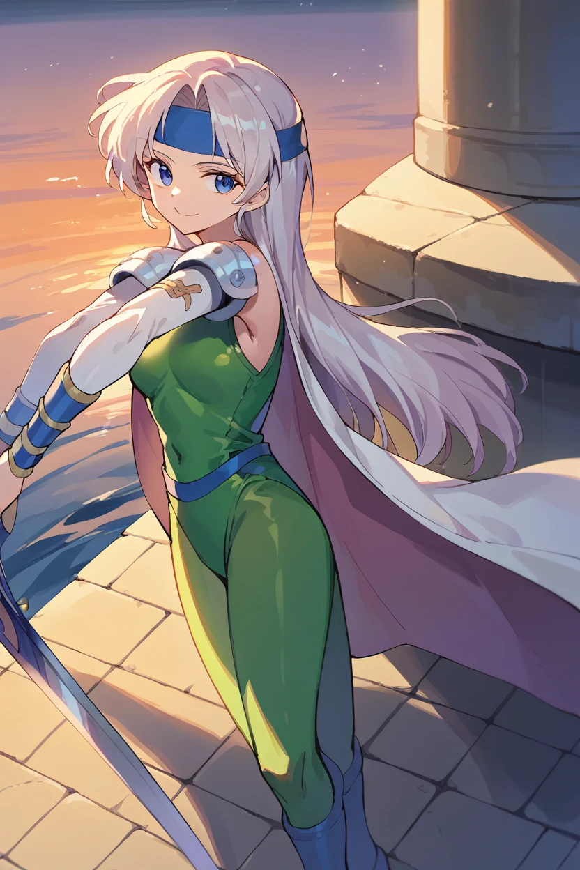 score_9, score_8_above, fountain_cheered up, 1 girl, solo break celes chhere, by rubio, Blue headband, green leotard, white coat, shoulder pads, wifes, neckline, looking at the viewer, SMILE, ocean, sunset, holding the sword, aboveper body