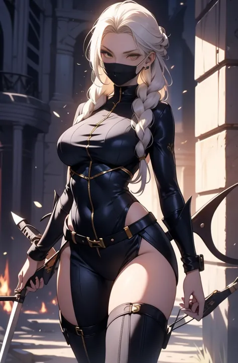 female, solo, young, sexy body, voluptuous figure, tightsuit, white hair, decolored blonde hair, has 2 hand crossbows, rogue ass...