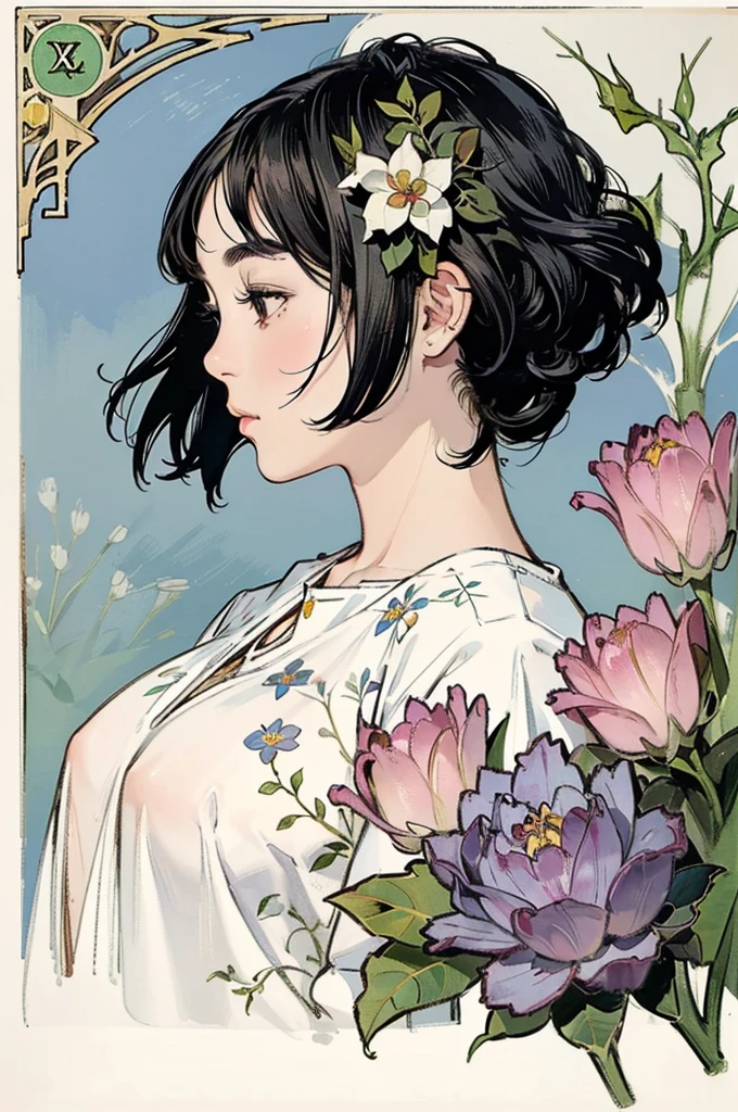 Detailed Background,Mucha style、Art Nouveau、Tarot Cards、Botanical Art,Flower Art,(Floral:1.2), (masterpiece, Highest quality),Vibrant colors,colorful, Highest quality, Amazing details, Anatomically correct, Line art, Written boundary depth,Flat Shading,Bokeh, girl, ,, ((Plump)).profile、She has black hair。she has a wide forehead。She has no bangs。(Short Bob）。Brow wrinkles。nsfw