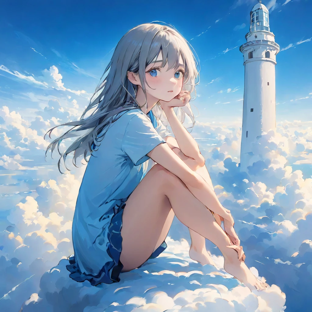 finely detailed illustration, vibrant color,High resolution、８ｋ、pretty girl、One Girl、Perfect and detailed eye drawing、Highest quality、masterpiece、detailed eye and face, A thin tower stretching high into the sky、Cylindrical tower、sea of clouds、blue sky、Sitting cross-legged、Hair blowing in the wind、Gray Hair、Girl staring into the distance、White clothes、barefoot、Full body angle、sea of clouds