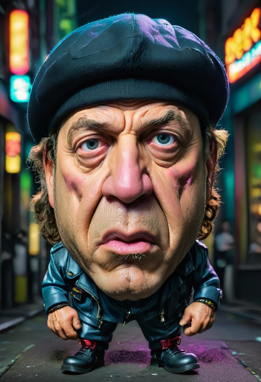 caricature full-length portrait in bright colors Brian Johnson with a medium beret head and exaggerated features on a neon-lit Tokyo street in rocker outfit