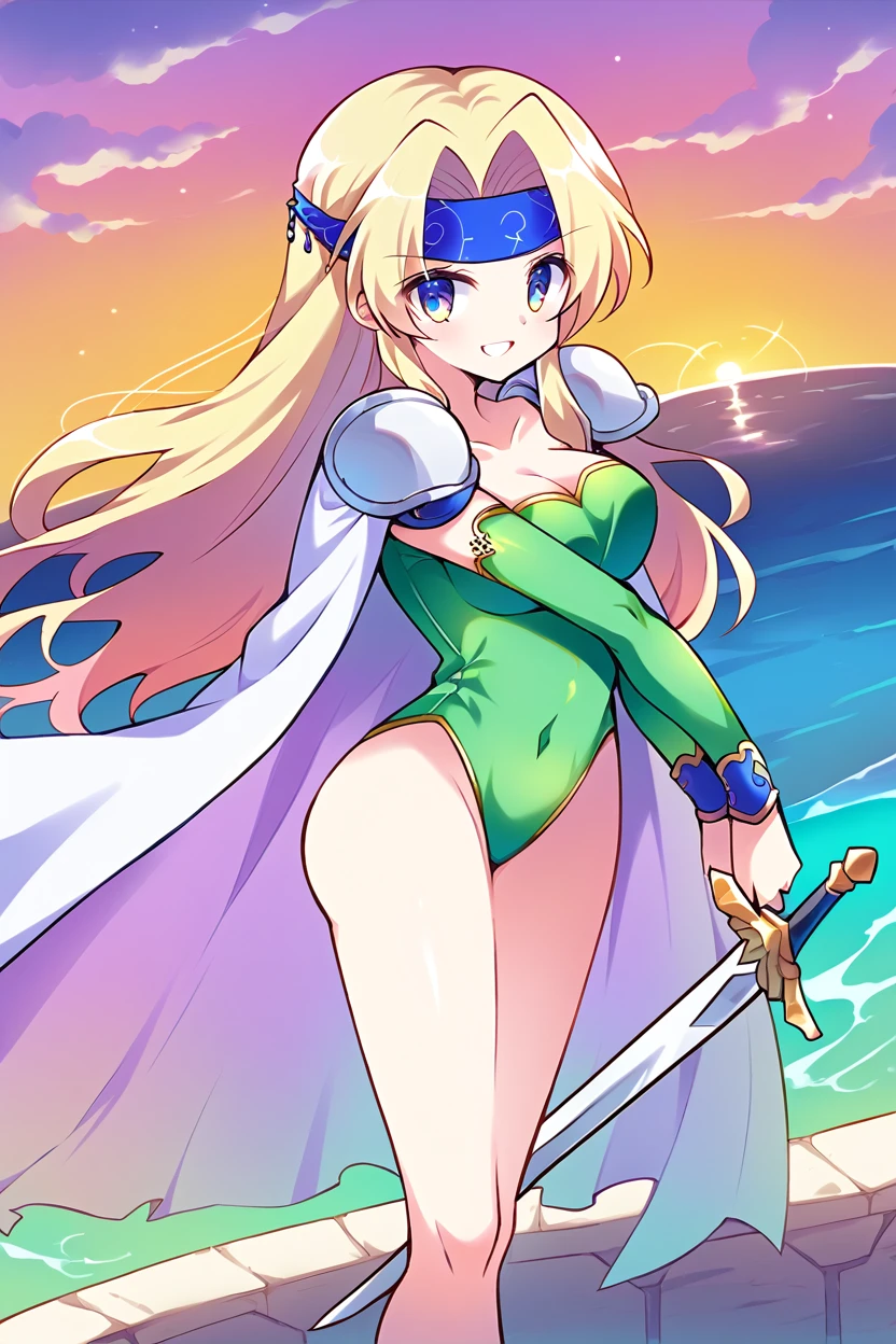 score_9, score_8_above, fountain_cheered up, 1 girl, solo break celes chhere, by rubio, Blue headband, green leotard, white coat, shoulder pads, wifes, neckline, looking at the viewer, SMILE, ocean, sunset, holding the sword, aboveper body, bare legs,