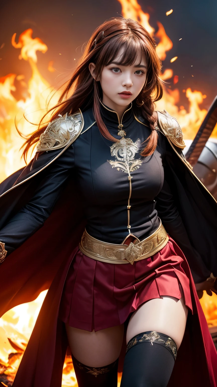 Very beautiful woman、Slender women、(Detailed face)、Realistic Skin、((Knight of Fire)), (((Red Armor:1.25)))、((((Black armor with very fine and intricate decoration))))、((Delicate photo))，(Girl Astepeace RAW Photo Details:1.25), (highest quality:1.6), (超A high resolution:1.5), (Realistic:1.75), 8K resolution, Canon EOS R5, 50mm, Absurd, Ultra-detailed,Cinema Lighting,Battlefields of Medieval Europe、((battle))、RPG World、Final Fantasy、(((Embellished skirt)))、Thigh-high socks、Shin Guards、night、((too long bangs))、((One long thick dark red hair braid))、Get six-pack、Torn Cloak、Beautiful Armor、(((Giant Sword)))、In combat、The wind is blowing、(((Inferno filling the entire area)))、(((Leading a large group of red knights)))、(((Knight Commander)))、Armor with a Phoenix motif、Old scar on right cheek:1.2、((Fire blaze))、(((Battle Scene)))、((nsfw))