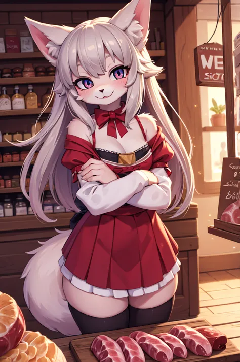 ((best quality)), ((​masterpiece)), (Detailed), 1 happy wolf girl in a shop full of salami hanging from walls, sparkly eyes