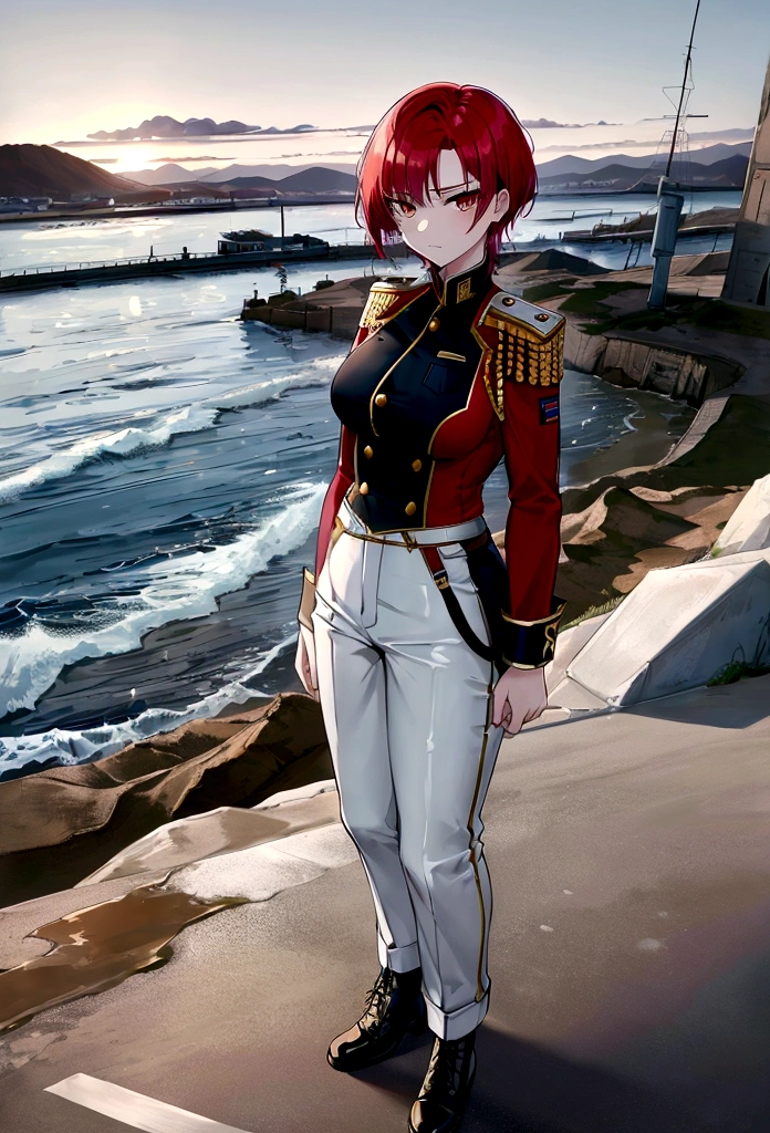 (highest resolution, distinct_image) Great, Masterpiece, high detail, semi-realist, disgraced 2, a beautiful woman, Alone, normal and attractive posture, short red hair, gold eyes, indifferent expression, 18 years, YOUNG, Tall and strong , white and red military uniform, pants, pants militares, military boots, military uniform, military school, safe, Serious, very cold and proud, standing on a cliff, with a view to