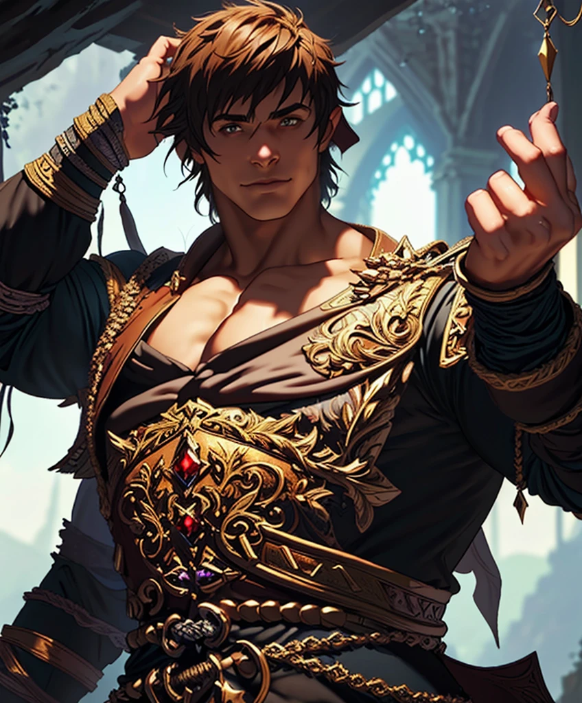 (((Single character image.))) (((1boy))) (((Looks like beefcake male fantasy character.)))  (((Dressed in medieval fantasy attire.))) Boyfriend in a fantasy setting. (((Male fantasy character in a grim fantasy setting.))) Looks like a fun-loving and heroic male adventurer for Dungeons & Dragons. Looks like a very attractive male adventurer for a high fantasy setting. Looks like a hot boyfriend. Looks like a handsome and rugged male adventurer for Dungeons & Dragons. Looks like a handsome male for a medieval fantasy setting. Looks like a Dungeons & Dragons adventurer, very cool and masculine hair style, black clothing, handsome, charming smile, adventurer, athletic build, excellent physique, confident, gorgeous face, gorgeous body,  detailed and intricate, fantasy setting,fantasy art, dungeons & dragons, fantasy adventurer, fantasy NPC, attractive male in his mid 20's, ultra detailed, epic masterpiece, ultra detailed, intricate details, digital art, unreal engine, 8k, ultra HD, centered image award winning, fantasy art concept, digital art, centered image, flirting with viewer, best quality:1.0,hyperealistic:1.0,photorealistic:1.0,madly detailed CG unity 8k wallpaper:1.0,masterpiece:1.3,madly detailed photo:1.2, hyper-realistic lifelike texture:1.4, picture-perfect:1.0,8k, HQ,best quality:1.0,
