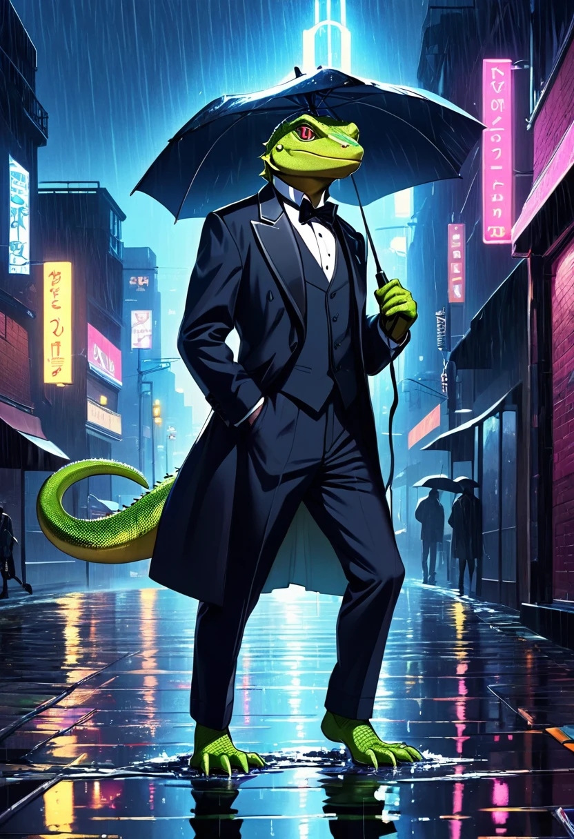 cover page, highres, top quality, best quality, paid reward available, unparalleled masterpiece, perfect artwork, absurdres, High-quality illustrations, super high resolution, detailed background, Lizard wearing a tuxedo wet in the rain, in the city, a night view with neon signs shining, silhouette reflected in a puddle, cinematic lighting,