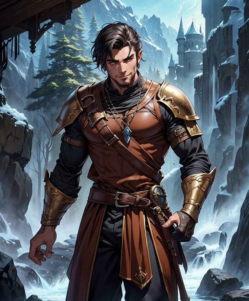 (((Single character image.))) (((1boy))) (((Looks like beefcake male fantasy character.)))  (((Dressed in medieval fantasy attire.))) Boyfriend in a fantasy setting. (((Male fantasy character in a grim fantasy setting.))) Looks like a fun-loving and heroic male adventurer for Dungeons & Dragons. Looks like a very attractive male adventurer for a high fantasy setting. Looks like a hot boyfriend. Looks like a handsome and rugged male adventurer for Dungeons & Dragons. Looks like a handsome male for a medieval fantasy setting. Looks like a Dungeons & Dragons adventurer, very cool and masculine hair style, black clothing, handsome, charming smile, adventurer, athletic build, excellent physique, confident, gorgeous face, gorgeous body,  detailed and intricate, fantasy setting,fantasy art, dungeons & dragons, fantasy adventurer, fantasy NPC, attractive male in his mid 20's, ultra detailed, epic masterpiece, ultra detailed, intricate details, digital art, unreal engine, 8k, ultra HD, centered image award winning, fantasy art concept, digital art, centered image, flirting with viewer, best quality:1.0,hyperealistic:1.0,photorealistic:1.0,madly detailed CG unity 8k wallpaper:1.0,masterpiece:1.3,madly detailed photo:1.2, hyper-realistic lifelike texture:1.4, picture-perfect:1.0,8k, HQ,best quality:1.0,
