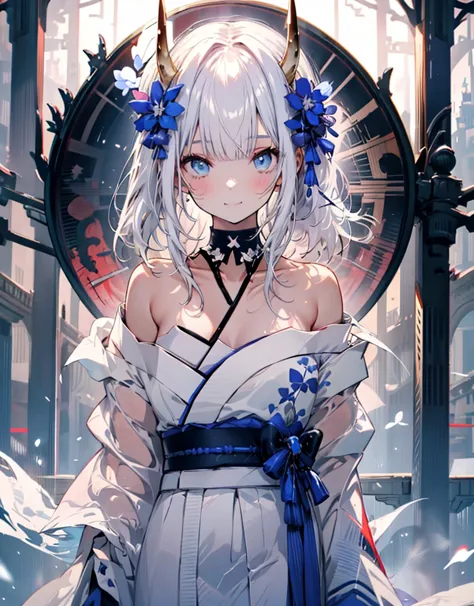 [[[ ultra-detailed, best quality, soft skin, beautiful, 4k]]] white hair,perfect blue eyes, tied-up hair, slender body, dynamic ...