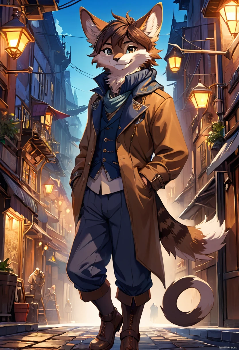 cover_page, highres, top quality, best quality, paid reward available, High-quality illustrations, unparalleled masterpiece, perfect artwork, absurdres, figma, super high resolution, detailed background, Steam punk, Beautiful World Heritage, boys, Happy, joyful(Photos of solo travelers)(kemono, furry anthro)cinematic lighting, dynamic angle,