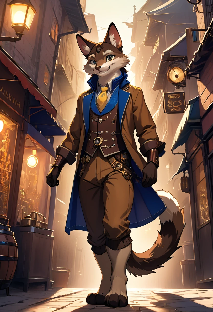 cover_page, highres, top quality, best quality, paid reward available, High-quality illustrations, unparalleled masterpiece, perfect artwork, absurdres, figma, super high resolution, detailed background, Steam punk, Beautiful World Heritage, boys, Happy, joyful(Photos of solo travelers)(kemono, furry anthro)cinematic lighting, dynamic angle,