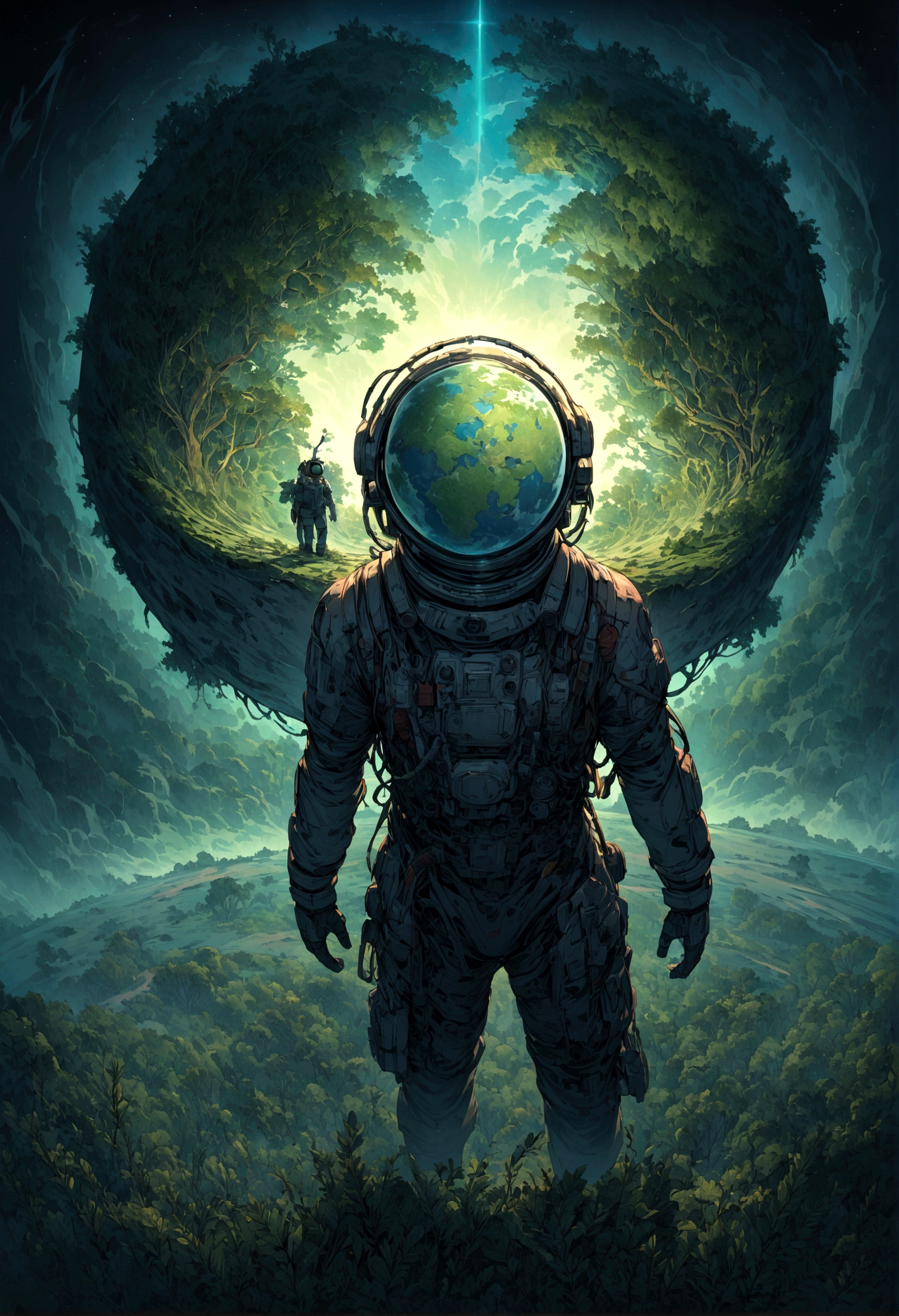 An astronaut standing on an alien planet filled with lush greenery, looking up at a destroyed Earth in the sky. The planet's vibrant landscape contrasts with the broken and fragmented view of Earth, creating a surreal and poignant scene. Intricate details, vivid colors, dramatic lighting, hd quality