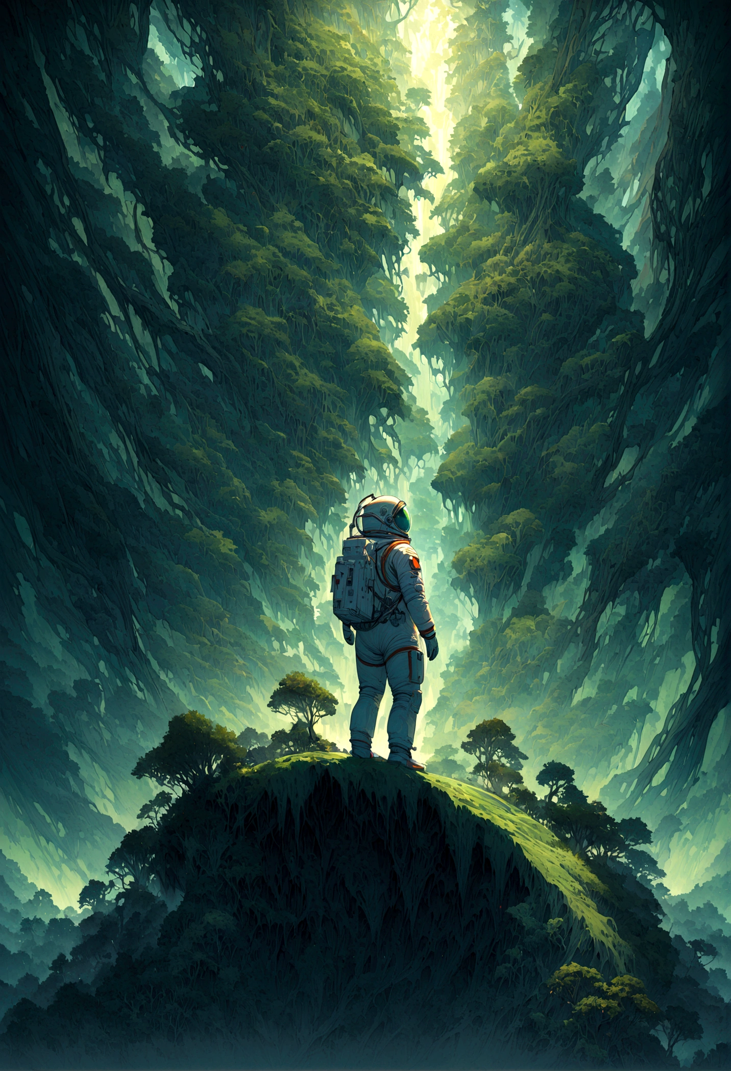 An astronaut standing on an alien planet filled with lush greenery, looking up at a destroyed Earth in the sky. The planet's vibrant landscape contrasts with the broken and fragmented view of Earth, creating a surreal and poignant scene. Intricate details, vivid colors, dramatic lighting, hd quality