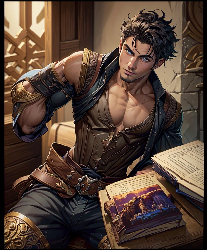 (((Single character image.))) (((1boy))) (((Looks like beefcake male fantasy character.)))  (((Dressed in medieval fantasy attire.))) Boyfriend in a fantasy setting. (((Male fantasy character in a grim fantasy setting.))) Looks like a fun-loving and heroic male adventurer for Dungeons & Dragons. Looks like a very attractive male adventurer for a high fantasy setting. Looks like a hot boyfriend. Looks like a handsome and rugged male adventurer for Dungeons & Dragons. Looks like a handsome male for a medieval fantasy setting. Looks like a Dungeons & Dragons adventurer, very cool and masculine hair style, black clothing, handsome, charming smile, adventurer, athletic build, excellent physique, confident, gorgeous face, gorgeous body,  detailed and intricate, fantasy setting,fantasy art, dungeons & dragons, fantasy adventurer, fantasy NPC, attractive male in his mid 20's, ultra detailed, epic masterpiece, ultra detailed, intricate details, digital art, unreal engine, 8k, ultra HD, centered image award winning, fantasy art concept, digital art, centered image, flirting with viewer, best quality:1.0,hyperealistic:1.0,photorealistic:1.0,madly detailed CG unity 8k wallpaper:1.0,masterpiece:1.3,madly detailed photo:1.2, hyper-realistic lifelike texture:1.4, picture-perfect:1.0,8k, HQ,best quality:1.0,
