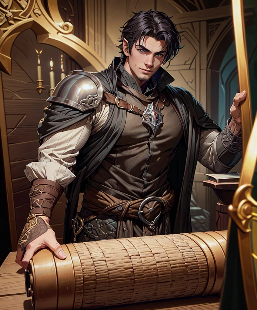 (((Single character image.))) (((1boy))) (((Looks like beefcake male fantasy character.)))  (((Dressed in medieval fantasy attire.))) Boyfriend in a fantasy setting. (((Male fantasy character in a grim fantasy setting.))) Looks like a fun-loving and heroic male adventurer for Dungeons & Dragons. Looks like a very attractive male adventurer for a high fantasy setting. Looks like a hot boyfriend. Looks like a handsome and rugged male adventurer for Dungeons & Dragons. Looks like a handsome male for a medieval fantasy setting. Looks like a Dungeons & Dragons adventurer, very cool and masculine hair style, black clothing, handsome, charming smile, adventurer, athletic build, excellent physique, confident, gorgeous face, gorgeous body,  detailed and intricate, fantasy setting,fantasy art, dungeons & dragons, fantasy adventurer, fantasy NPC, attractive male in his mid 20's, ultra detailed, epic masterpiece, ultra detailed, intricate details, digital art, unreal engine, 8k, ultra HD, centered image award winning, fantasy art concept, digital art, centered image, flirting with viewer, best quality:1.0,hyperealistic:1.0,photorealistic:1.0,madly detailed CG unity 8k wallpaper:1.0,masterpiece:1.3,madly detailed photo:1.2, hyper-realistic lifelike texture:1.4, picture-perfect:1.0,8k, HQ,best quality:1.0,
