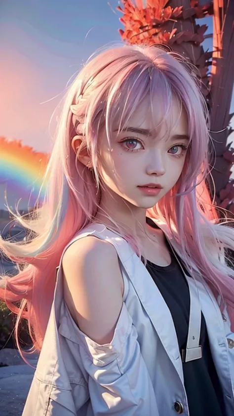 background， sky with a rainbow,₍₍wide shot,₎₎from below、 20-year-old woman, platinum-coloured hair,  medium length hair,(hair wi...