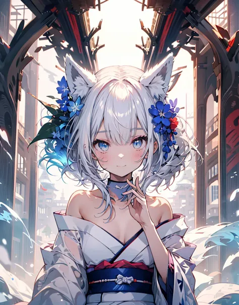 [[[ ultra-detailed, best quality, soft skin, beautiful, 4k]]] white hair,perfect blue eyes, tied-up hair, slender body, dynamic ...