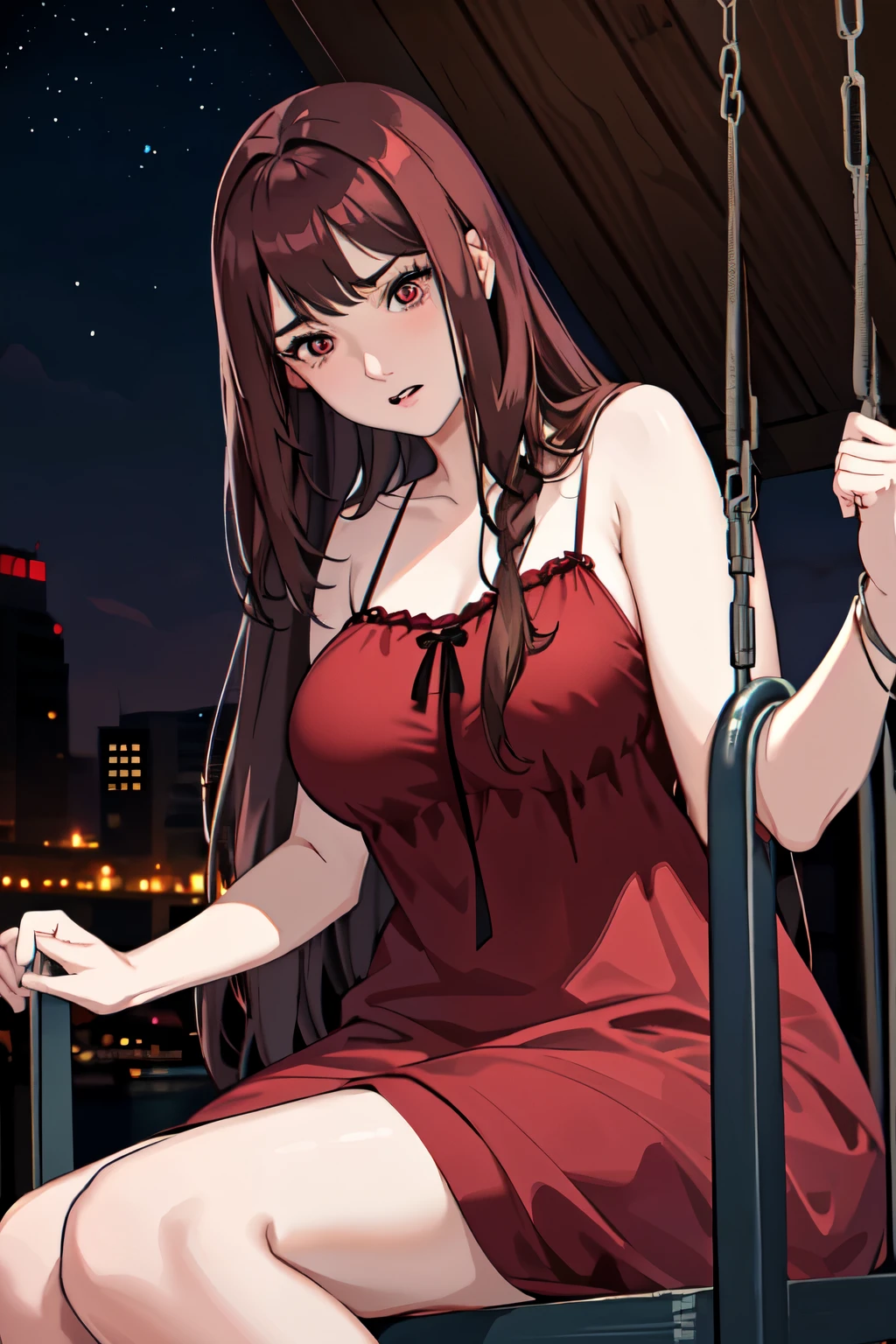 Anime girl sitting on a swing in a city at night - SeaArt AI