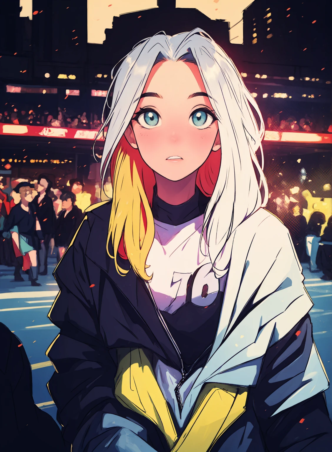 A beautiful girl, Look at the viewer in hip-hop style street clothes, different, colourful, long, Highly colored hair, dark garments, White stardust on dark parts. Vibrant colors, artistic blur, light leaks, Dreamlike atmosphere, experimental charm, nostalgic appeal, color field painting, UHD, 16k, Ultra detailed