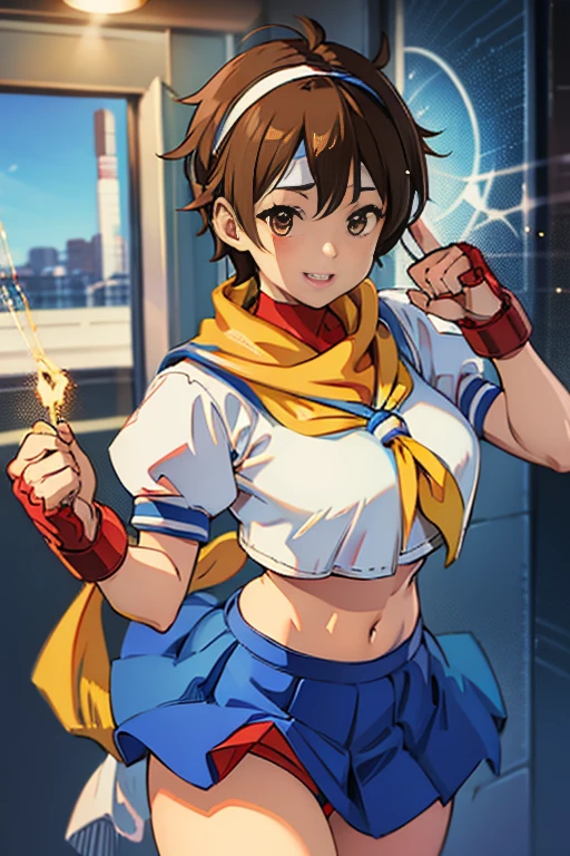 1GIRL SOLO,  Sakura, Brown eyes, Brown hair, short hair, hits, He drowned, headband, , puffy sleeves, crop top, yellow scarf, blue skirt, Gloves without fingers, thighs thighs thighs, white socks, red shoes,finding stance, punching, finding,(Mesa, of the highest qualityの, of the highest quality, beautiful and aesthetic: 1.2), Very detailed, more detailed,proper body proportions,Mesa,Very high quality output image,high resolution,intricate details,very delicate and beautiful hair,realistic photos,dreamlike,Professional lighting,realistic shadow,Focus only,
Anime one、（happy smile）、（open the mouth）