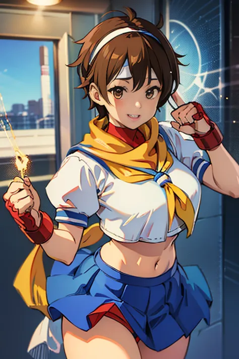 1GIRL SOLO,  Sakura, Brown eyes, Brown hair, short hair, hits, He drowned, headband, , puffy sleeves, crop top, yellow scarf, bl...