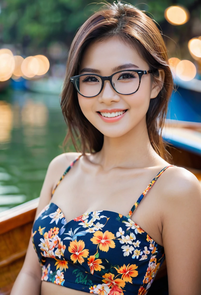 close up, of beautiful Thai girls, Bust size 34 inches, smile a little, glasses, Wear a crop top with floral prints., sitting in a boat, bokeh background