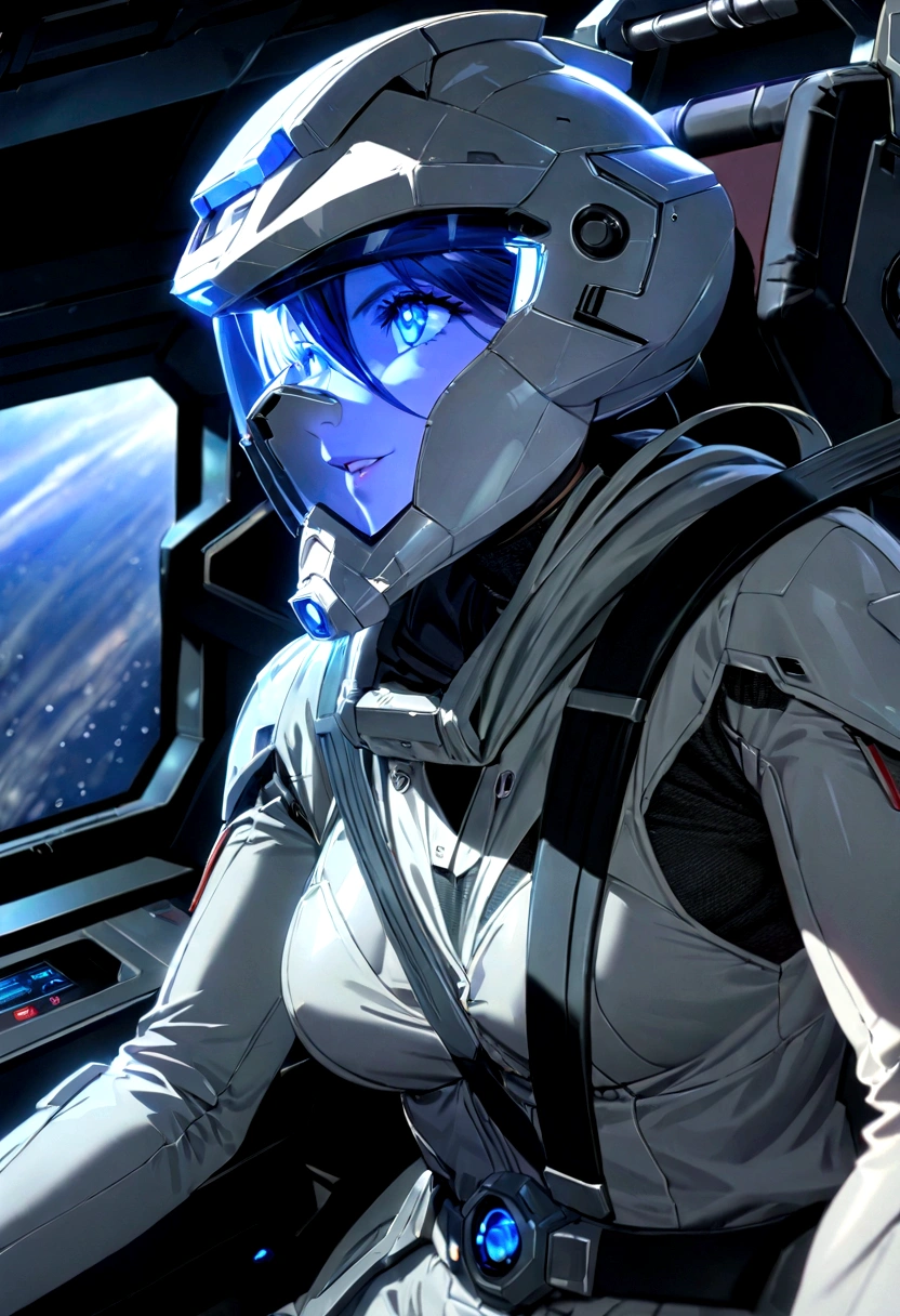 cabina del gundamwing, Mujer pilotando en cabina, detalles intrincados, Muy detallado, hermoso y estético., calidad asombrosa, (obra maestra), (alta calidad), papel tapiz 8k CG, alta resolución, extremadamente detallado, Fotorrealista, 1 chica, rostro y ojos extremadamente hermosos y detallados, sonrisa, Hermosos ojos gemológicos detallados, Casco integral blanco con protector facial transparente., hermosa cara detallada en casco, traje espacial blanco, Un magnífico universo de estrellas titilantes, Hermosa vista espacial desde la cabina., Innumerables estrellas, innumerable stars, gran espacio, fondo delicado, Partículas luminosas, Detalles complejos,