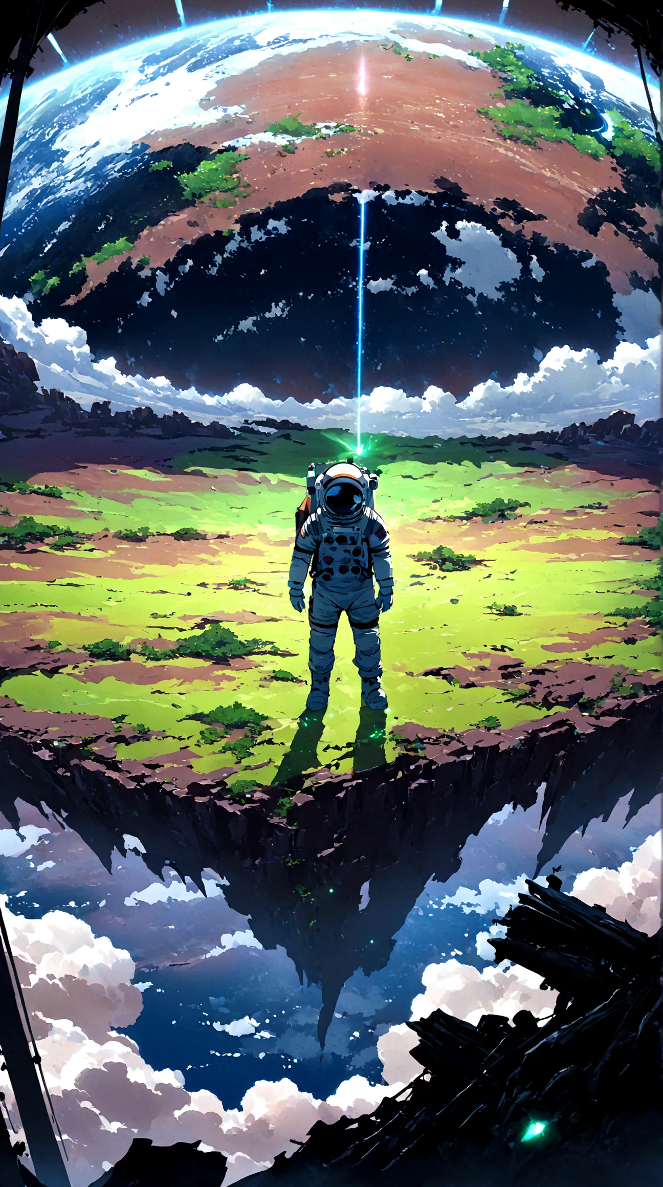 an astronaut standing on an alien planet filled with lush greenery, looking up at a destroyed earth in the sky. the planet's vib...