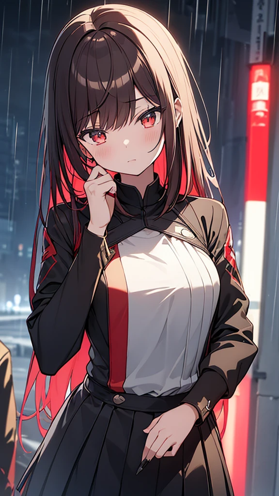 1 Japanese girl, Warframe, Complex Pattern, Heavy Metal, Energy Line, Faceless, Glowing Eyes, elegant, intense, Blood red and black uniform, alone, Modern, city, street, Dark Clouds, thunderstorm, heavy rain,, Dramatic lighting,, (masterpiece:1.2), Highest quality, High resolution,   Beautiful details, Very detailed, Perfect lighting,