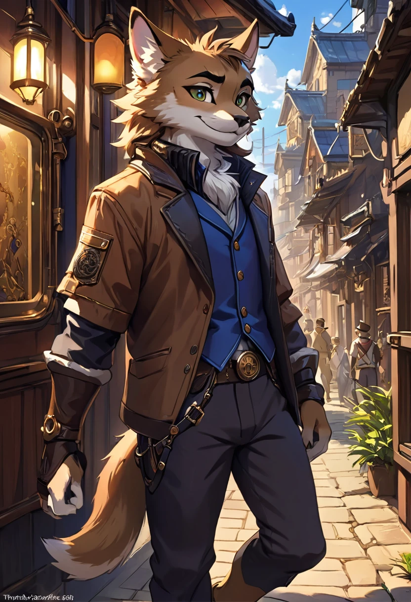 cover_page, highres, top quality, best quality, paid reward available, High-quality illustrations, unparalleled masterpiece, perfect artwork, absurdres, figma, super high resolution, detailed background, Steam punk, Beautiful World Heritage, boys, Happy, joyful(Photos of solo travelers)(kemono, furry anthro)cinematic lighting, dynamic angle,