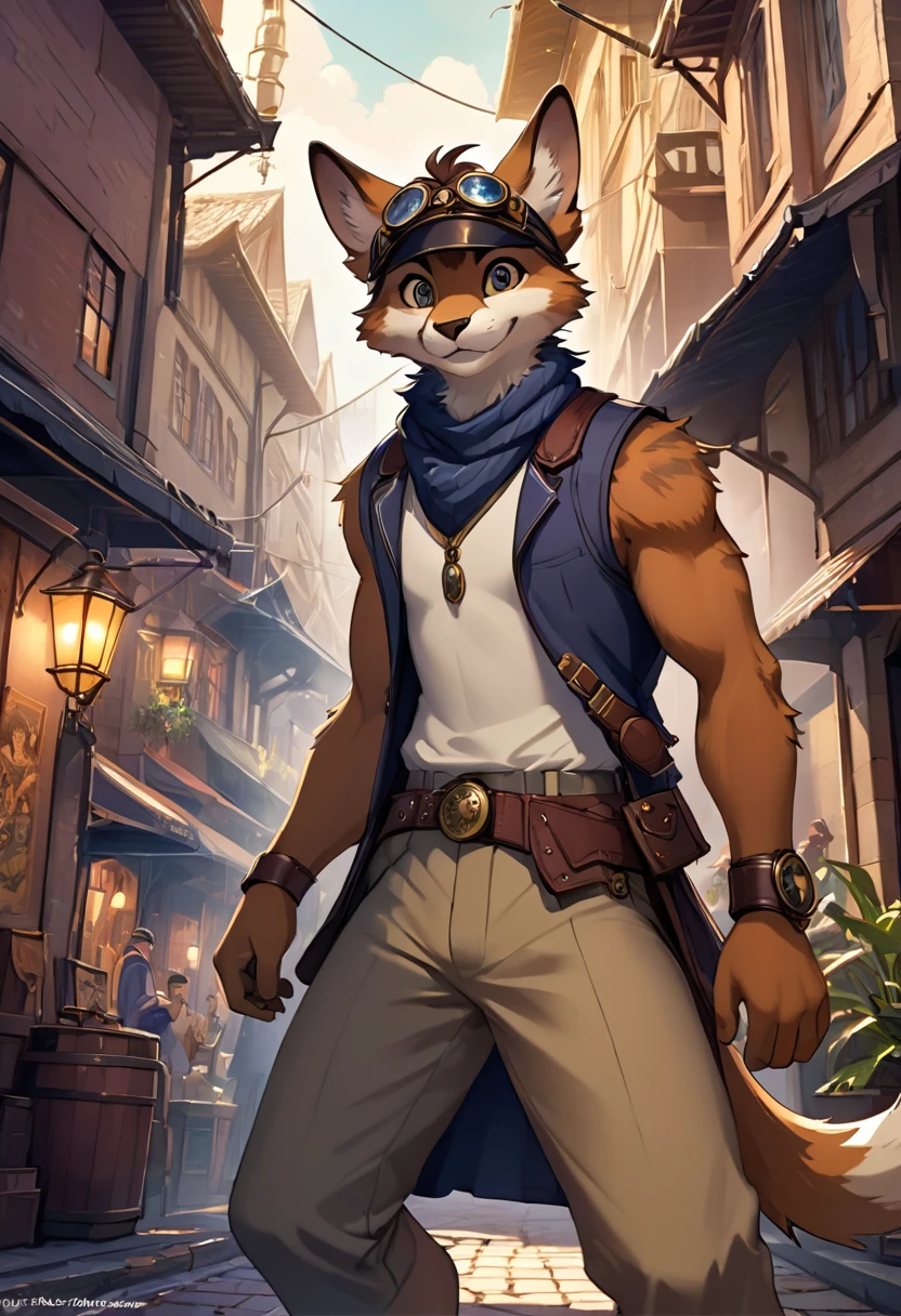 cover_page, highres, top quality, best quality, paid reward available, High-quality illustrations, unparalleled masterpiece, perfect artwork, absurdres, figma, super high resolution, detailed background, Steam punk, Beautiful World Heritage, boys, Happy, joyful(Photos of solo travelers)(kemono, furry anthro)cinematic lighting, dynamic angle,