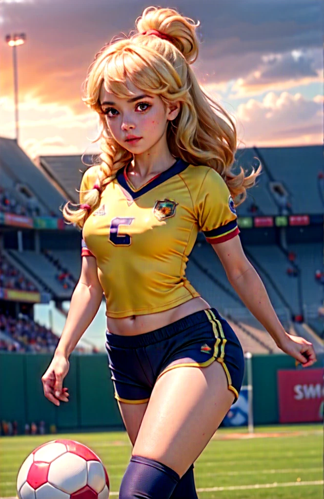 Applejack equestria Girl applejack,My little pony applejack,curvy , hiperrealista,chica rusa, cabello largo, cuerpo caliente,old applejack, football uniform showing navel and short pants, covered erect nipples, high socks, football boots, football field.