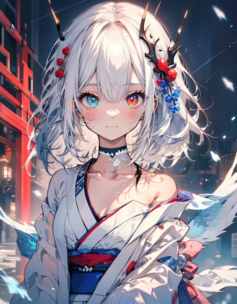 [[[ ultra-detailed, best quality, soft skin, beautiful, 4k]]] white hair, white fox ears, perfect blue and red eyes (heterochrom...