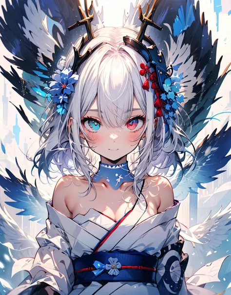 [[[ ultra-detailed, best quality, soft skin, beautiful, 4k]]] white hair, white fox ears, perfect blue and red eyes (heterochrom...