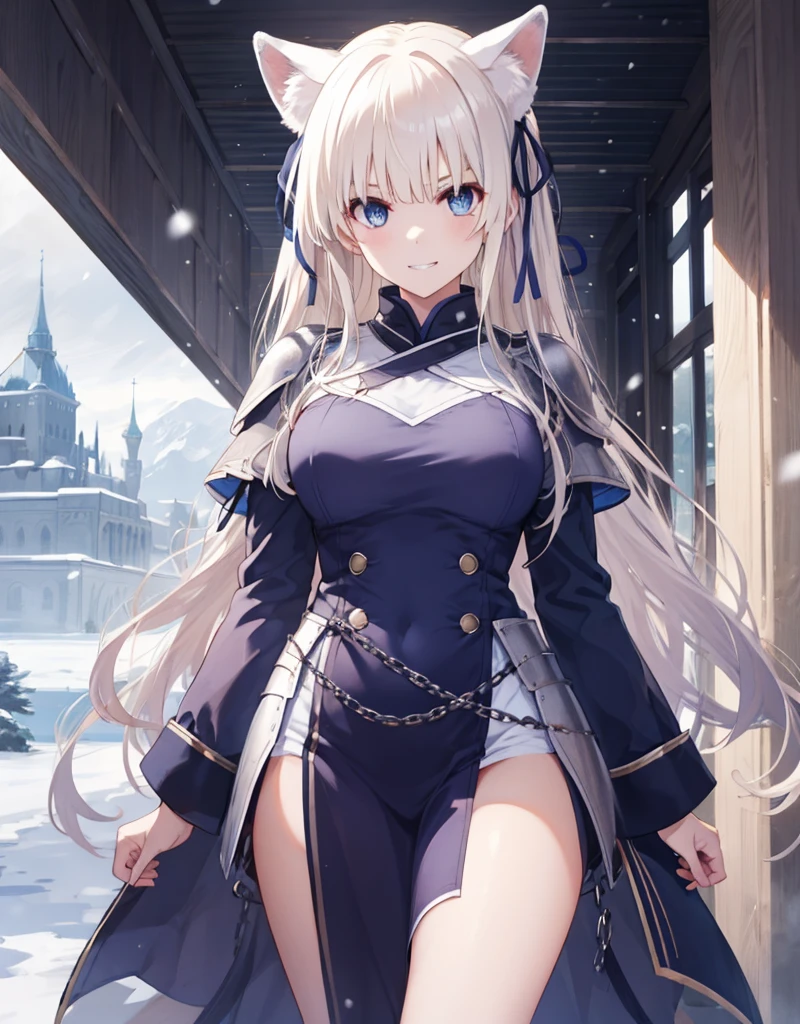 [[[ ultra-detailed, best quality, soft skin, beautiful, 4K]]] white hair, blue eyes, tied-up hair, slender body, dynamic angle, chainmail, white armor, white fox ears, calm expression, female, snowy palace gardens background, serious expression. walking angle, ((little horny smile)) to masch them über hugest big huge massive largest bigger biggest breasts 