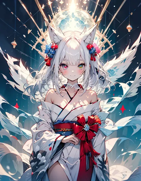 [[[ ultra-detailed, best quality, soft skin, beautiful, 4k]]] white hair, ((white fox ears)), perfect blue and red eyes (heteroc...