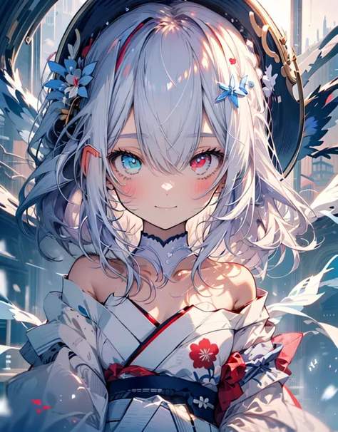 [[[ ultra-detailed, best quality, soft skin, beautiful, 4k]]] white hair, ((white fox ears)), perfect blue and red eyes (heteroc...