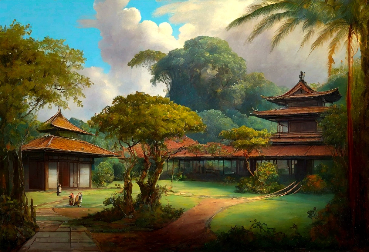 painting landscape of a tropical forest with medieval japanese building in background, trees, vines, beutiful landscape, full of tropical trees, faded color, silky oil paint