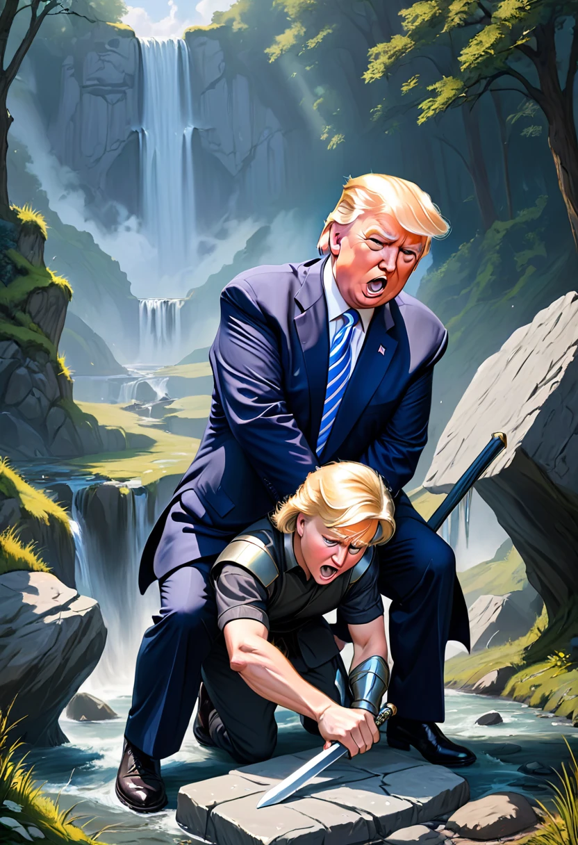 A  photo realistic painting inspired by arthurian legend of Donald Trump pulling the mythic sword from the stone. as Joe Biden falls to his knees in fear, his devilish plans thwarted.
