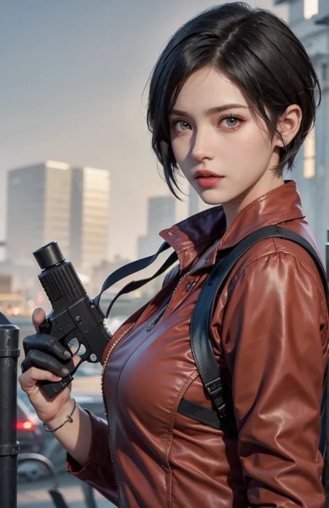 1 beautiful girl，resident Evil，Realistic skin texture，realistic hair，gun in hand,looking into camera, short hair, black hair, re...