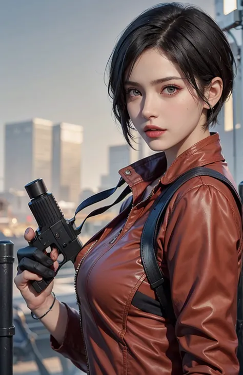 1 beautiful girl，resident evil，realistic skin texture，realistic hair，gun in hand,looking into camera, short hair, black hair, re...