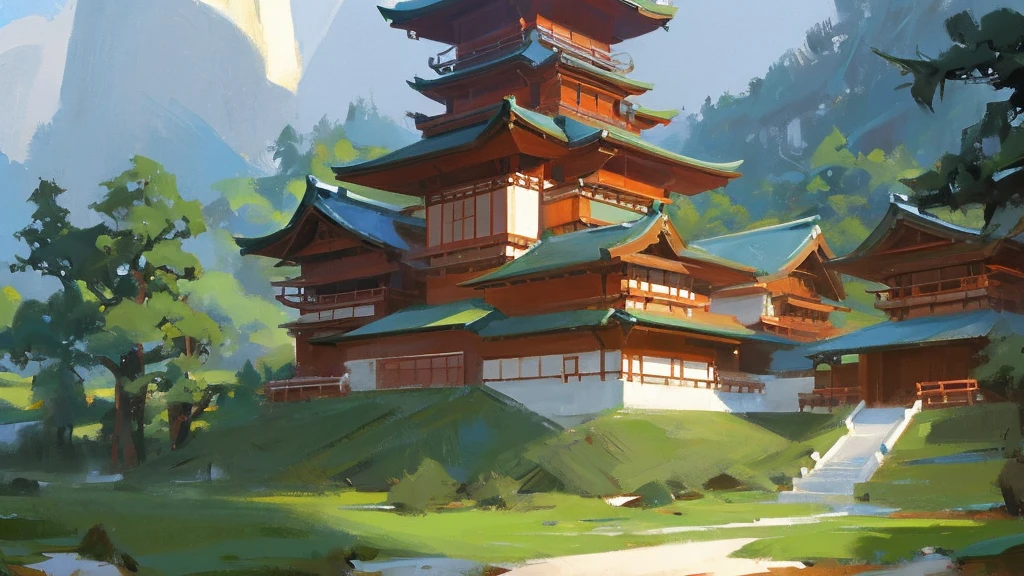 oriental building, masterpiece, japanese, forest, rainforest, painting, digital concept art, landscape