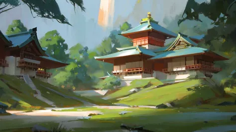 oriental building, masterpiece, japanese, forest, rainforest, painting, digital concept art, landscape