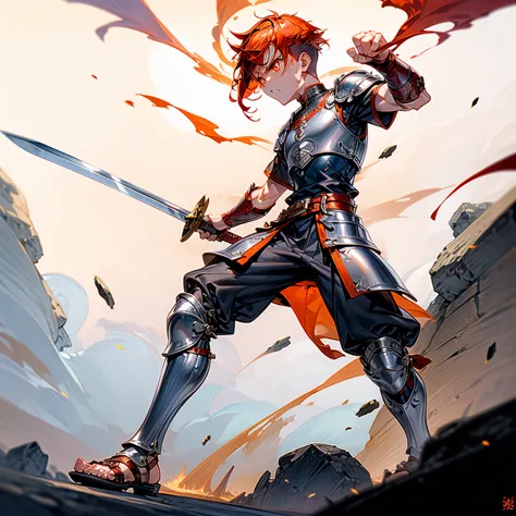 1boys, Full body version, orange eyes, undercut hair, red colour hair, very angry expression, gladiator clothing, short sleeve s...