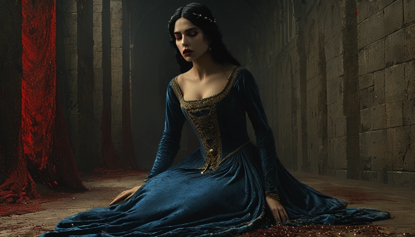 (((средневековый стиль))), изображение принцессы в синем платье, просыпающейся на полу от испуга, с кровоточащими губами, Билл Хенсон, черные волосы, супер детализированные золотые глаза, кроваво-красные губы, супердетализированное 4к, Графический движок Unreal 5.