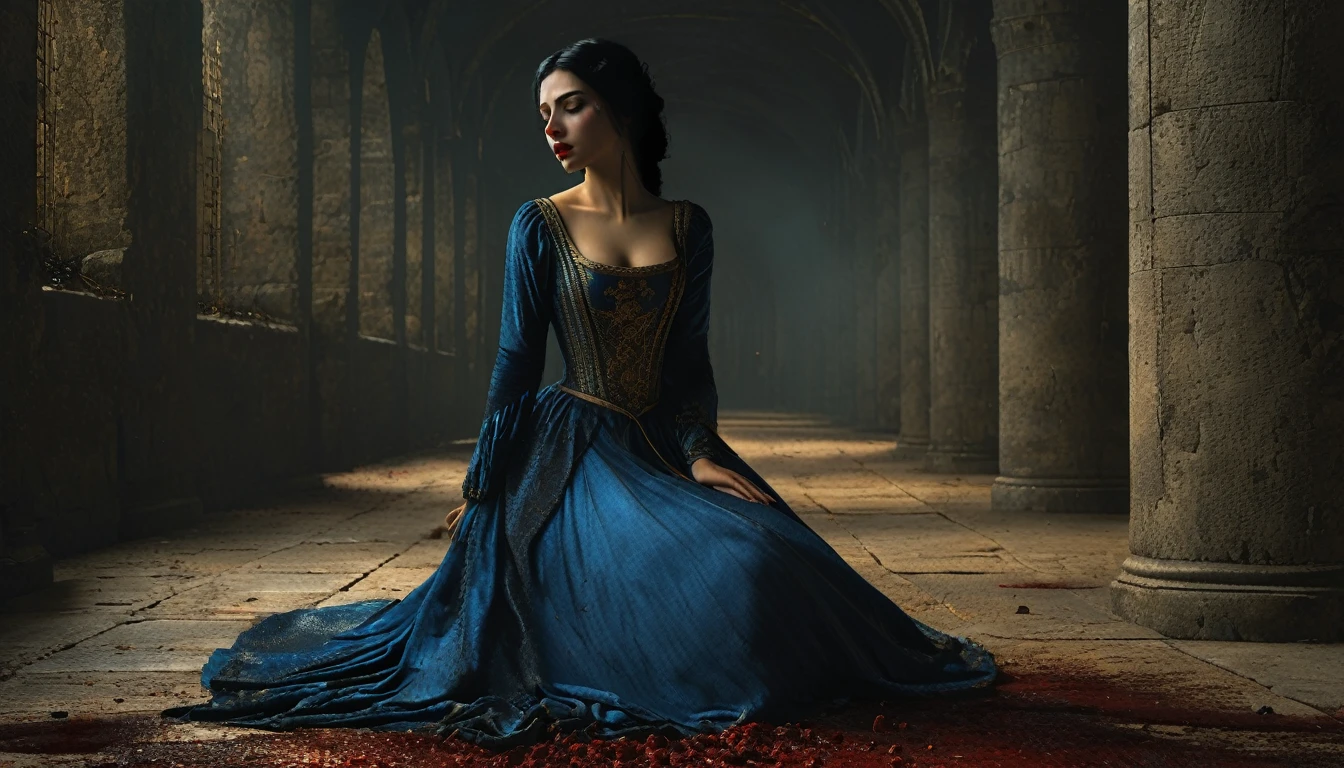 (((estilo medieval))), imagen de una princesa con un vestido azul despertando en el suelo asustada con los labios sangrando, Bill Henson, pelo negro, ojos dorados súper detallados, labios rojo sangre, súper detallado 4k, Motor gráfico irreal 5