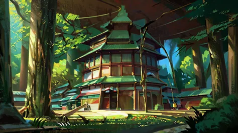 oriental building, masterpiece, japanese, forest, rainforest